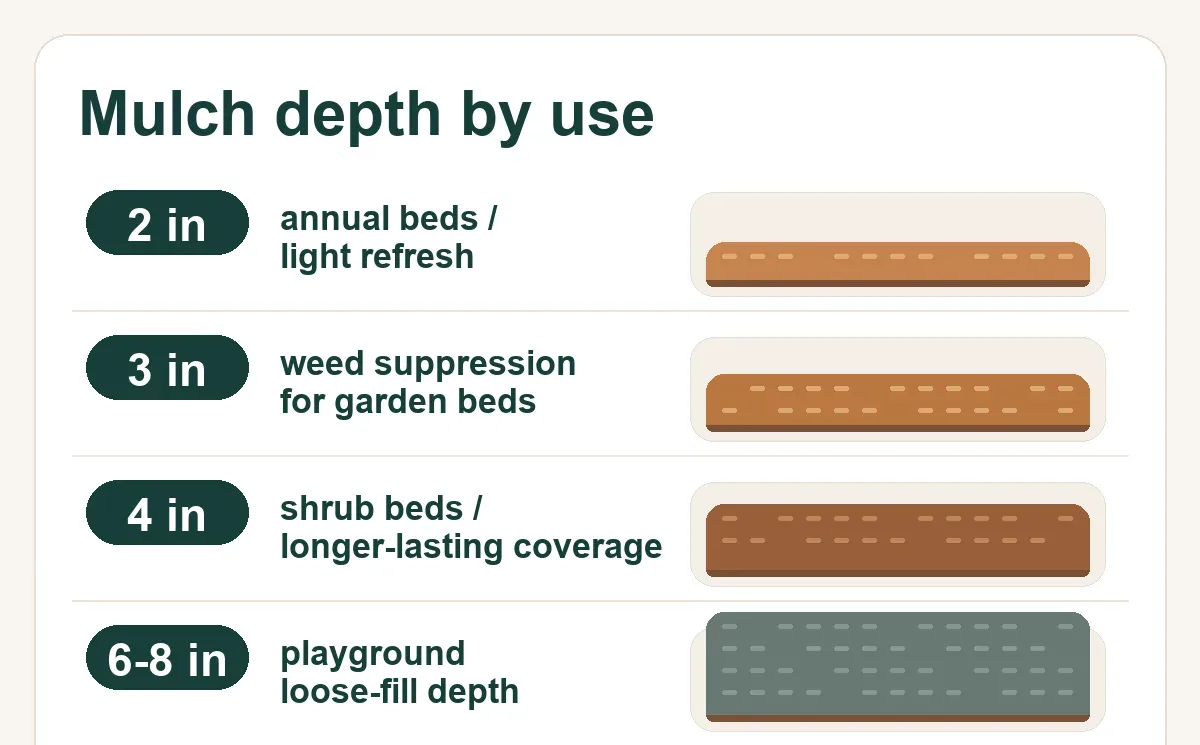 Mulch depth by use: 2 inches for annual beds and light refresh, 3 inches for weed suppression, 4 inches for shrub beds, and 6 to 8 inches for playground loose fill.