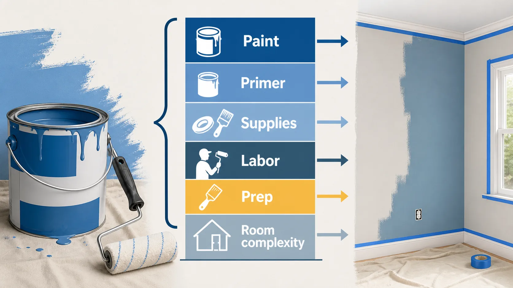 Paint project budget stack showing paint, primer, supplies, labor, prep, and room complexity.