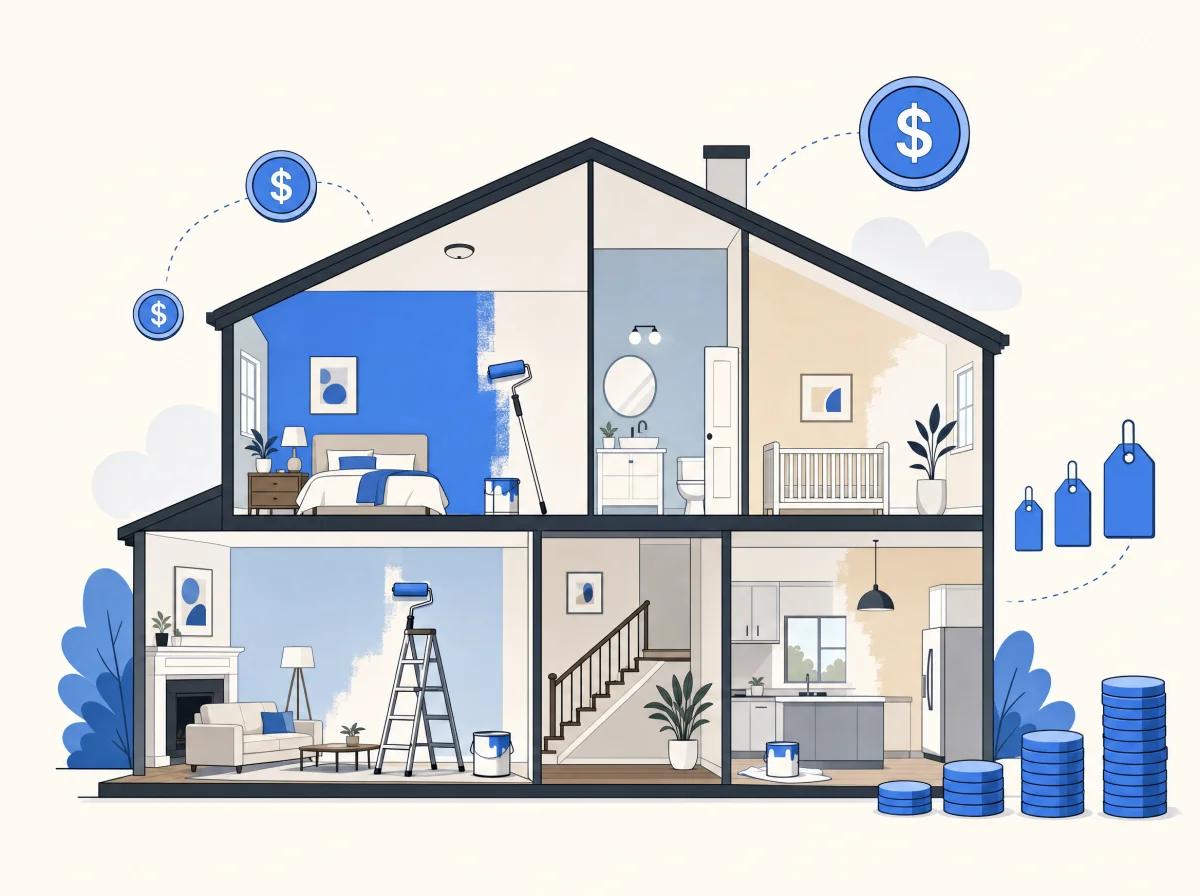 Cutaway of a two-story house being repainted, illustrating how interior painting cost scales with home size.