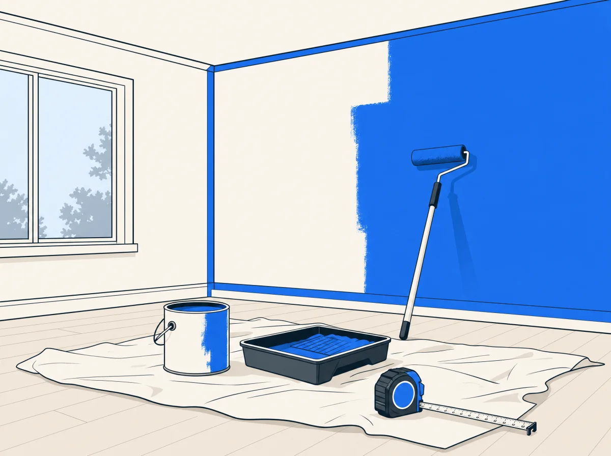 A single room mid-paint with roller, paint can, and tape measure, illustrating the cost to paint a room by size.