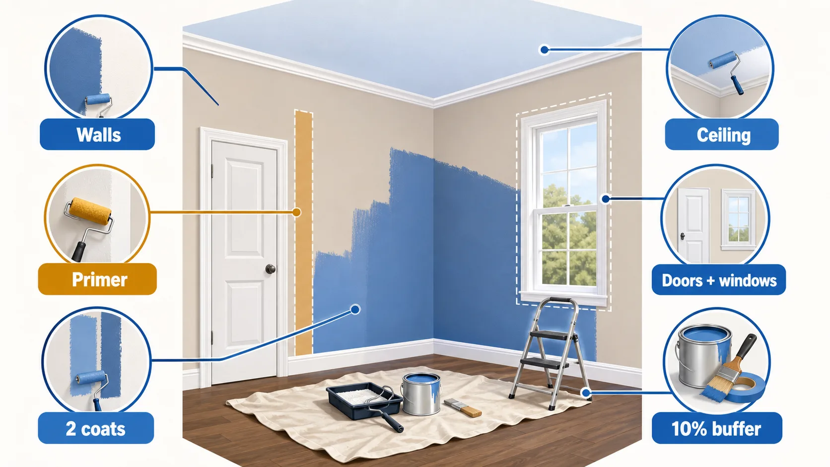 Room paint planning guide showing walls, primer, two coats, ceiling, doors and windows, and a 10 percent buffer.