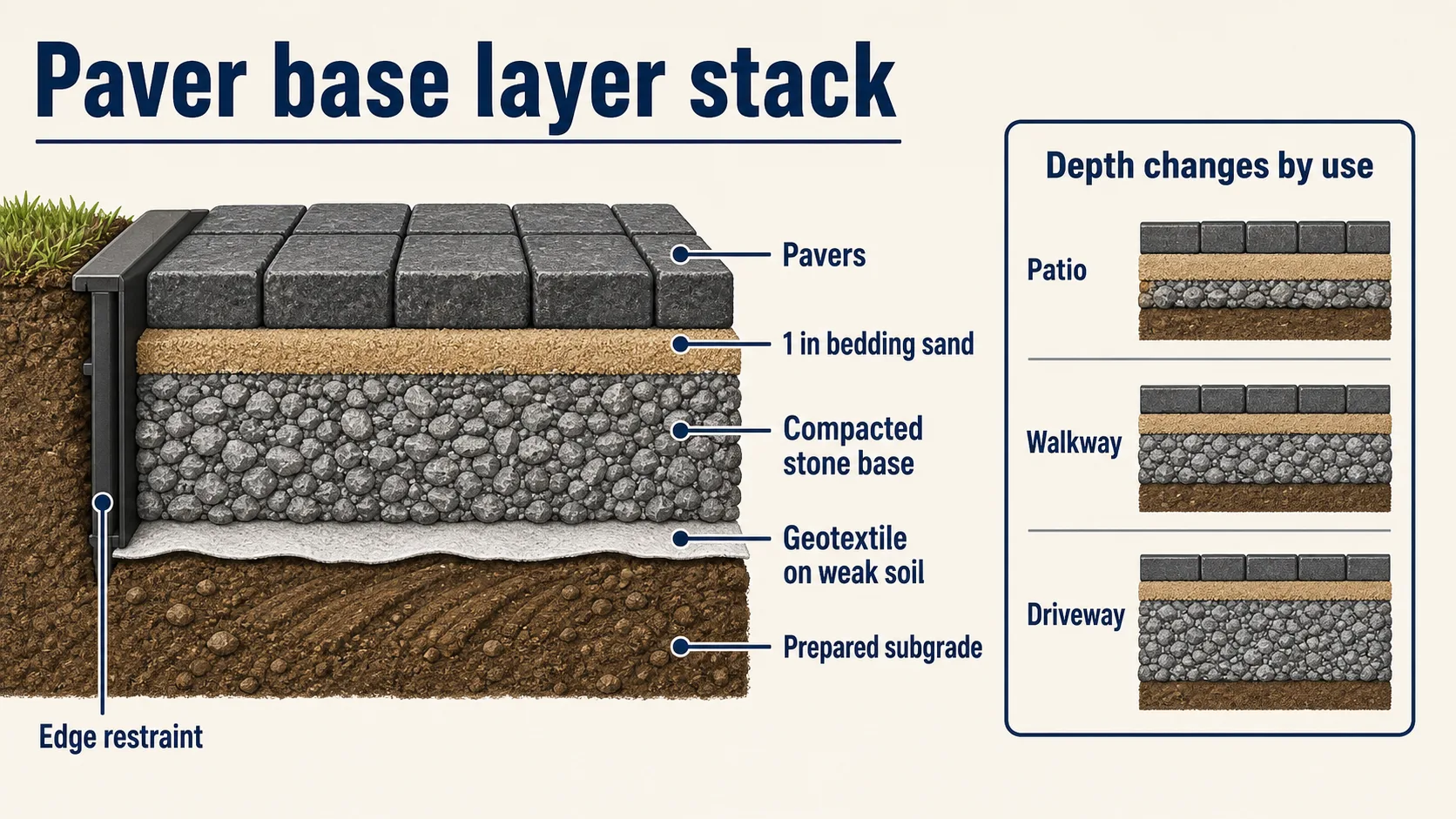 Paver base layer stack showing pavers, one inch bedding sand, compacted stone base, optional geotextile on weak soil, prepared subgrade, edge restraint, and depth changes by patio, walkway, and driveway use.