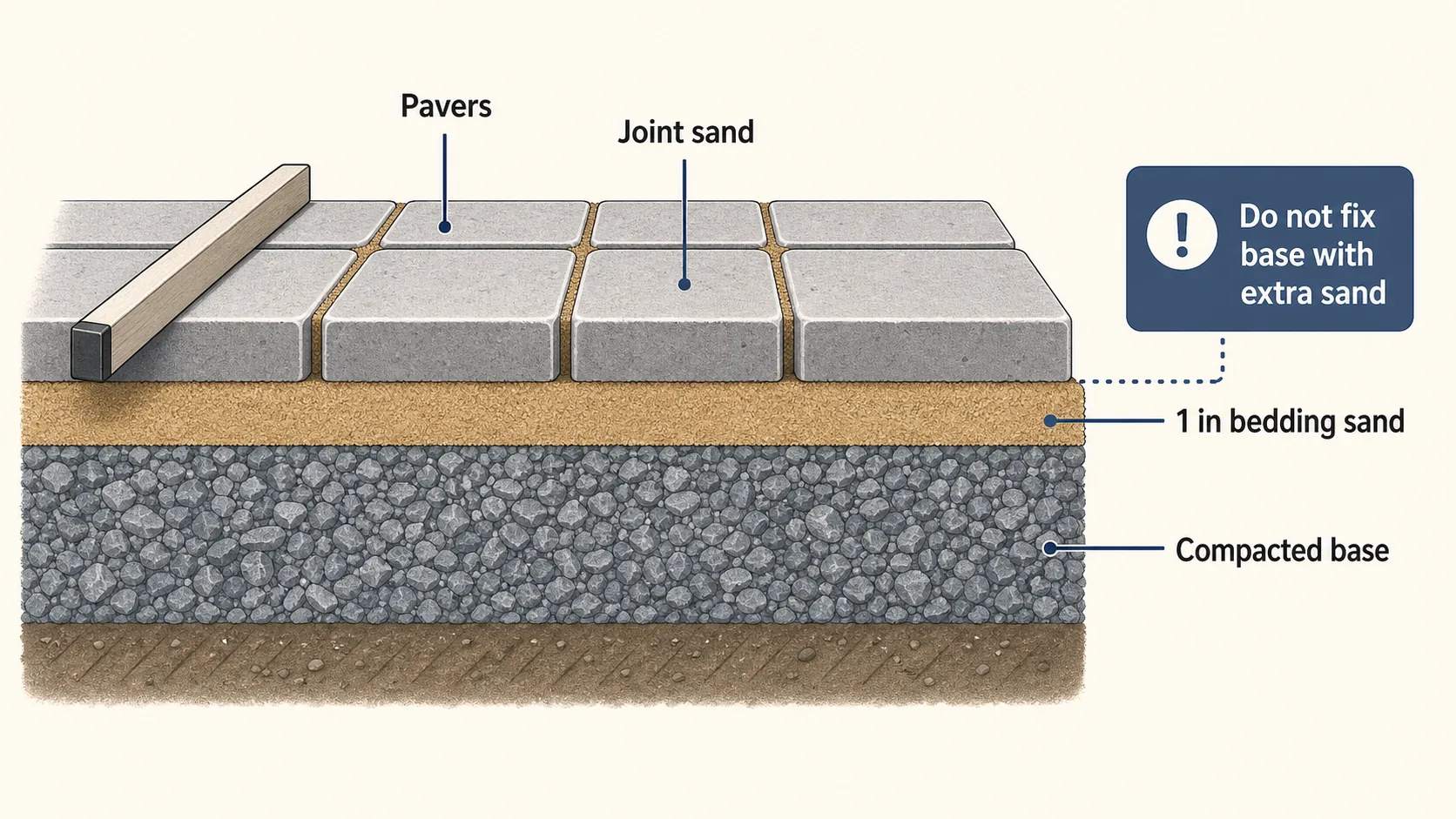 Paver installation cross-section showing pavers, joint sand, a 1 inch bedding sand layer, compacted base, and a warning not to fix base problems with extra sand.