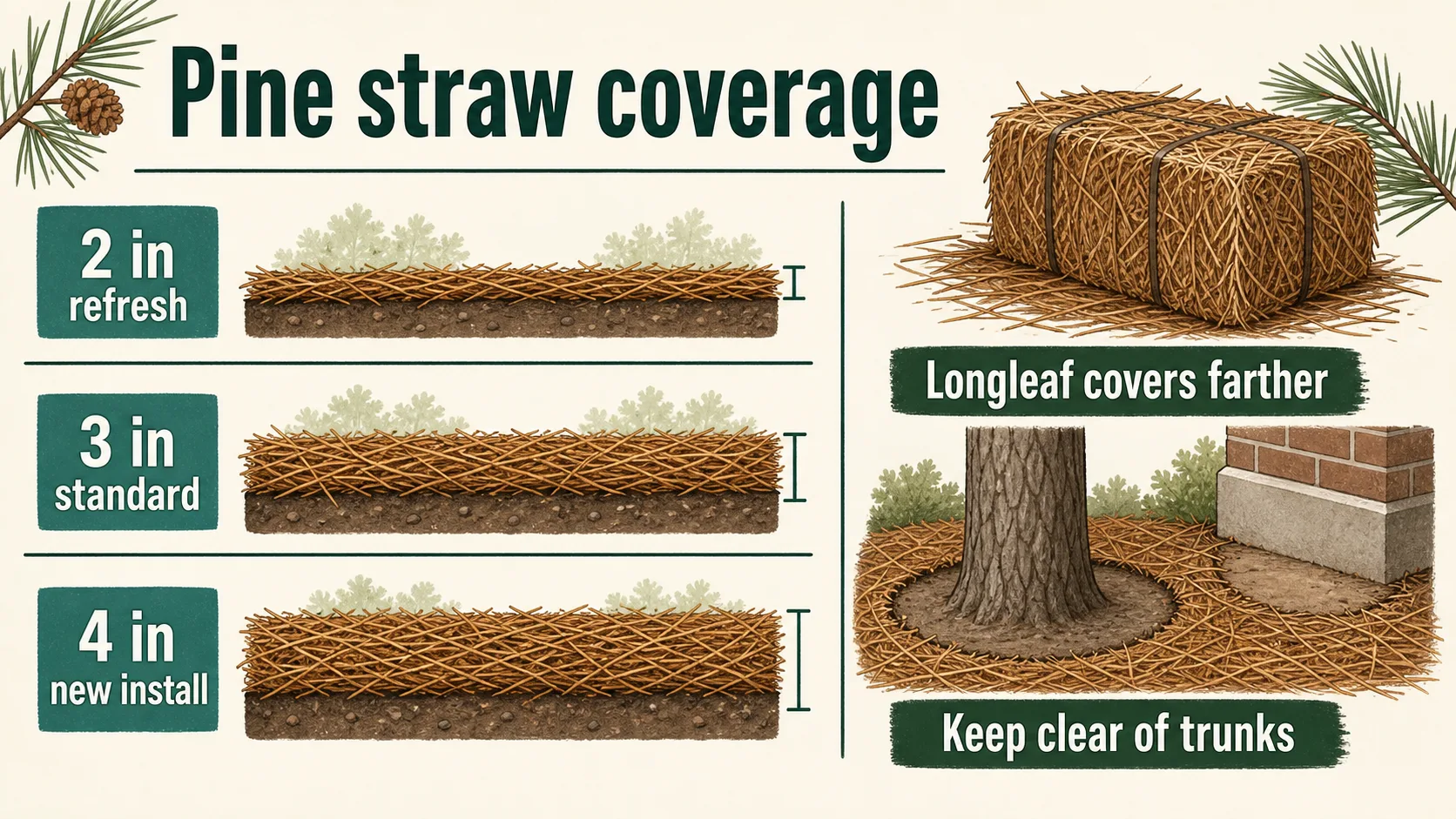 Pine straw coverage guide comparing longleaf and regular bales at refresh, standard, and new install depths with a clearance warning around trunks and foundations.