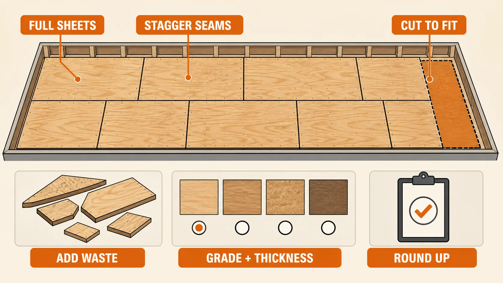 Plywood sheet layout guide showing full sheets, staggered seams, cut-to-fit edges, waste pieces, grade and thickness choice, and round-up ordering.