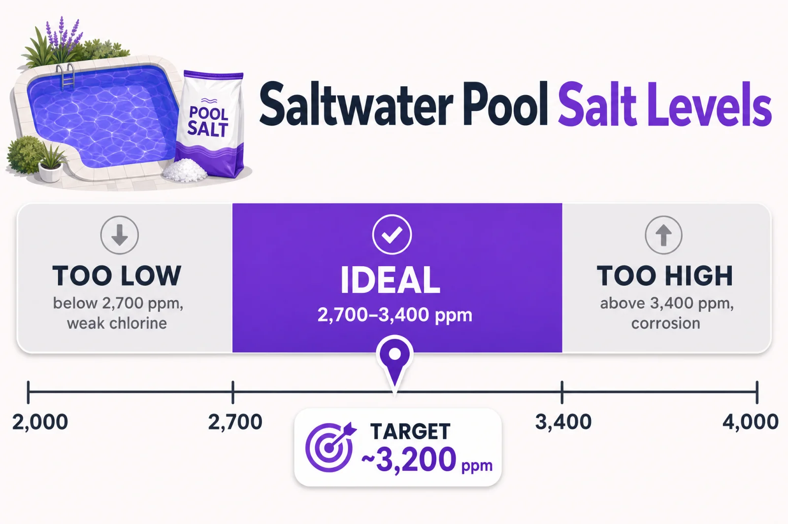 Saltwater pool salt level scale showing too low below 2,700 ppm, the ideal 2,700 to 3,400 ppm band, and too high above 3,400 ppm, with 3,200 ppm marked as the typical target.