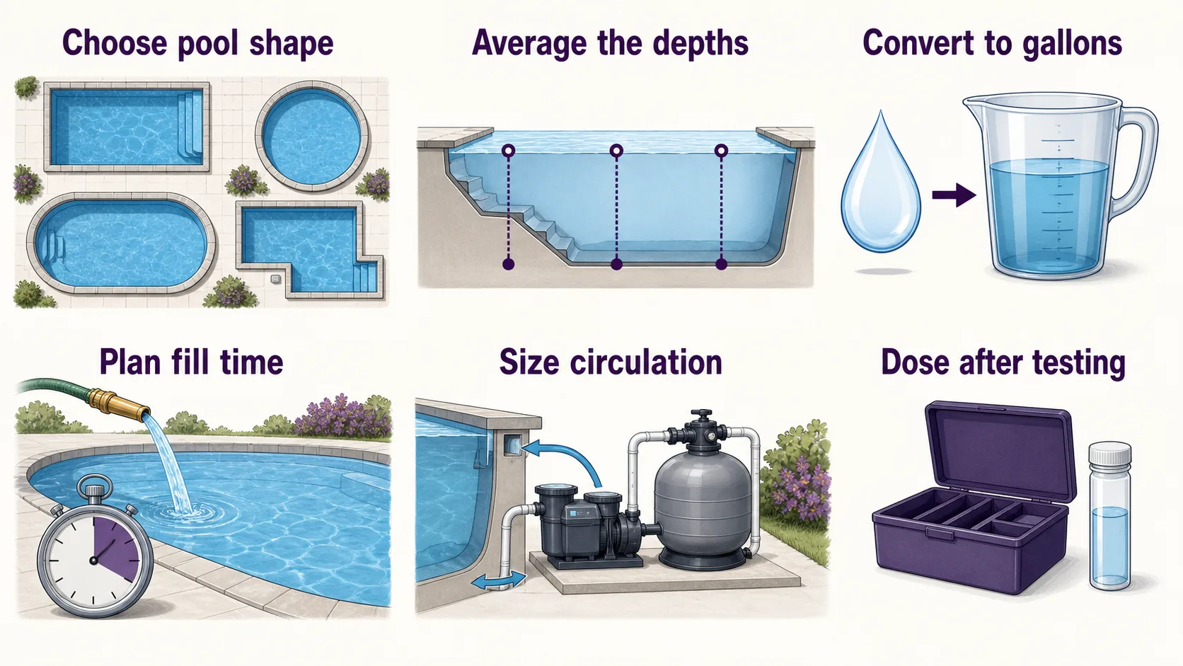 Pool volume guide showing pool shape choice, average depth, gallons, fill time, circulation sizing, and dosing after testing.