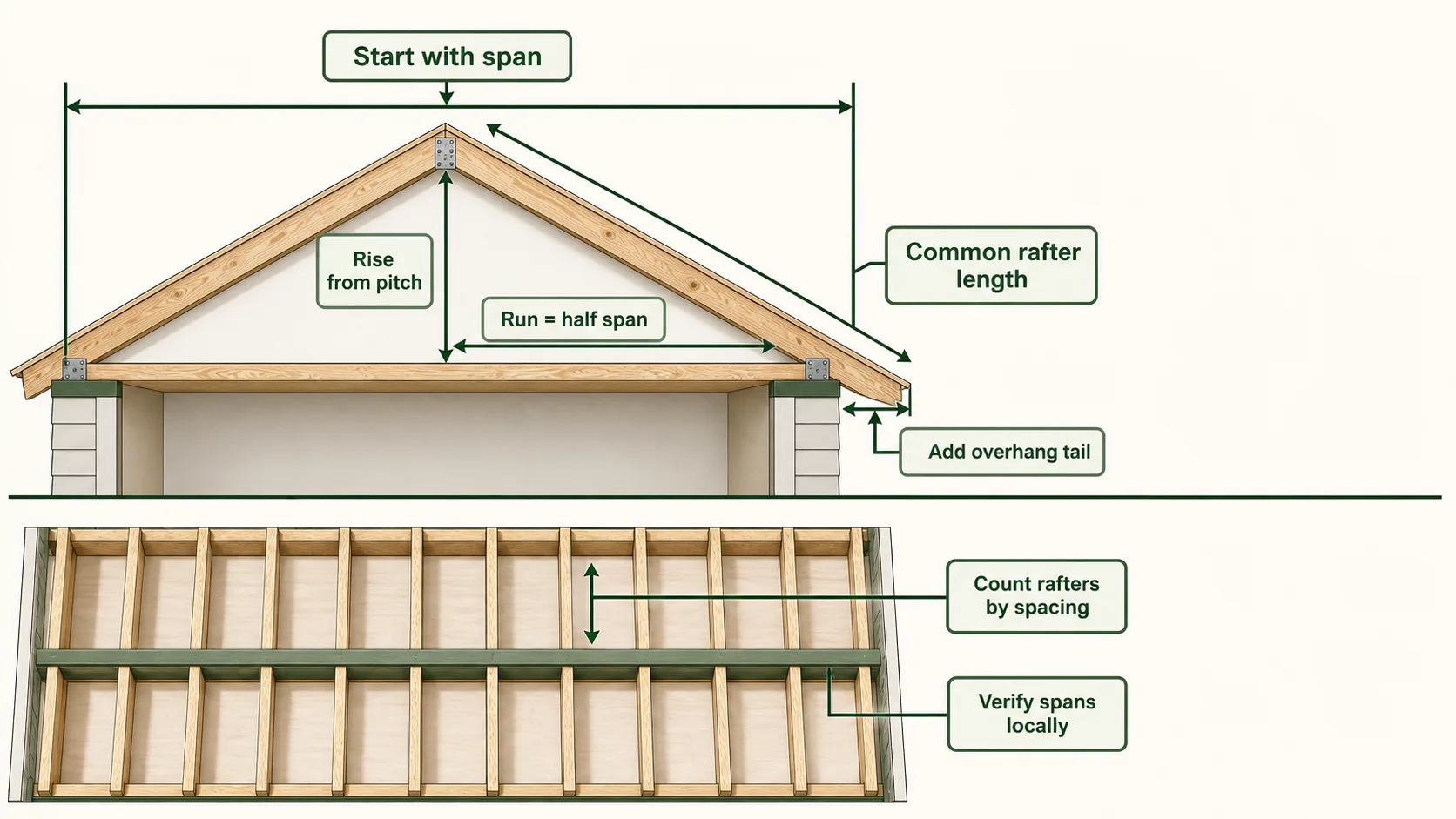 Common rafter layout guide showing span, half-span run, rise from pitch, rafter length, overhang tail, rafter spacing, and a reminder to verify spans locally.