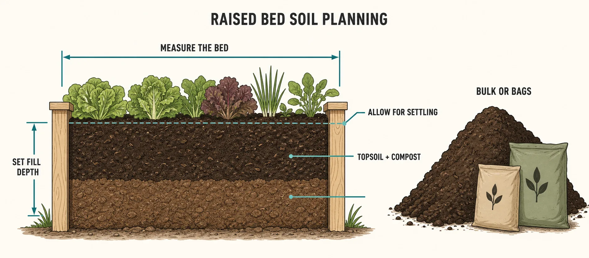 Illustrated raised garden bed cutaway showing bed measurement, fill depth, a topsoil and compost blend, a settling allowance, and bulk soil versus bags.