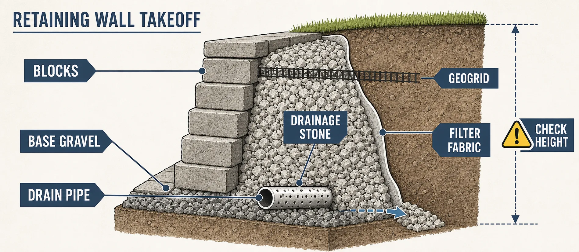 Diagram showing retaining wall blocks, base gravel, drain pipe, drainage stone, filter fabric, geogrid, and height check