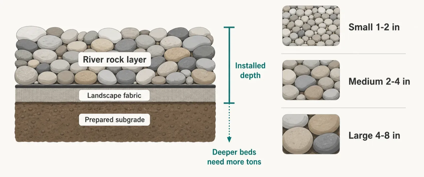 River rock size and depth guide showing installed rock depth, landscape fabric, prepared subgrade, edging, and small, medium, and large river rock sizes.