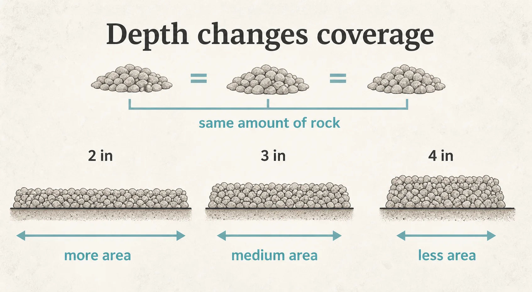 Diagram showing the same amount of landscaping rock covering more area at 2 inches, medium area at 3 inches, and less area at 4 inches.