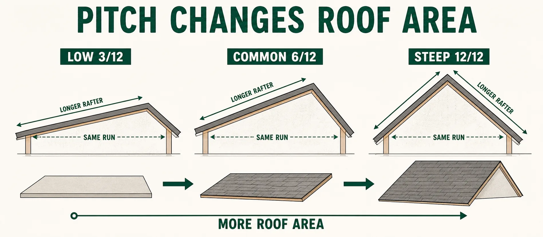 Roof pitch area guide comparing low 3 over 12, common 6 over 12, and steep 12 over 12 roofs with the same run, longer rafters, and more roof area.