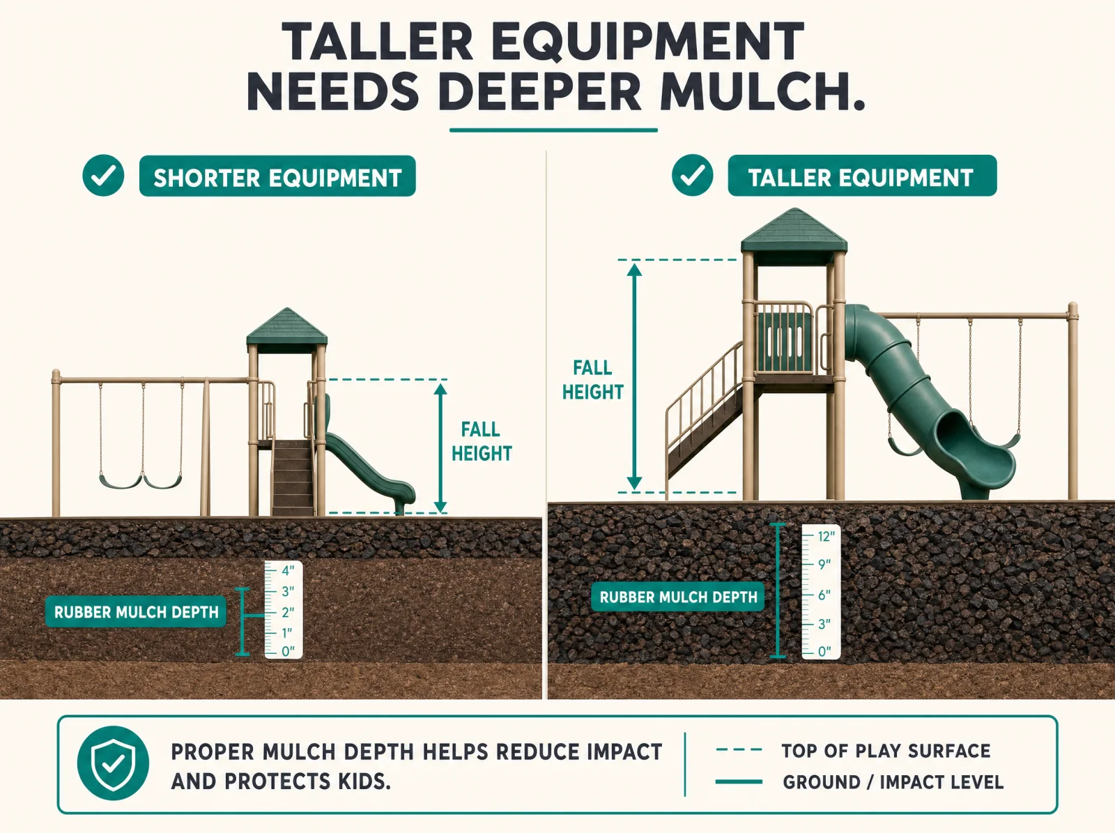 Playground cross-section: taller equipment needs deeper rubber mulch. Shorter equipment shows a thinner mulch layer (up to 4 inches), taller equipment a deeper layer (up to 12 inches), with fall-height arrows.