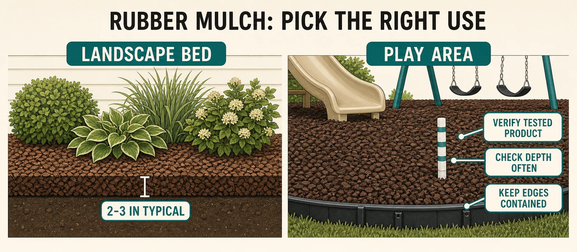 Illustrated comparison of a shallow rubber mulch landscape bed and a deeper contained play area with reminders to verify the tested product and check depth often.