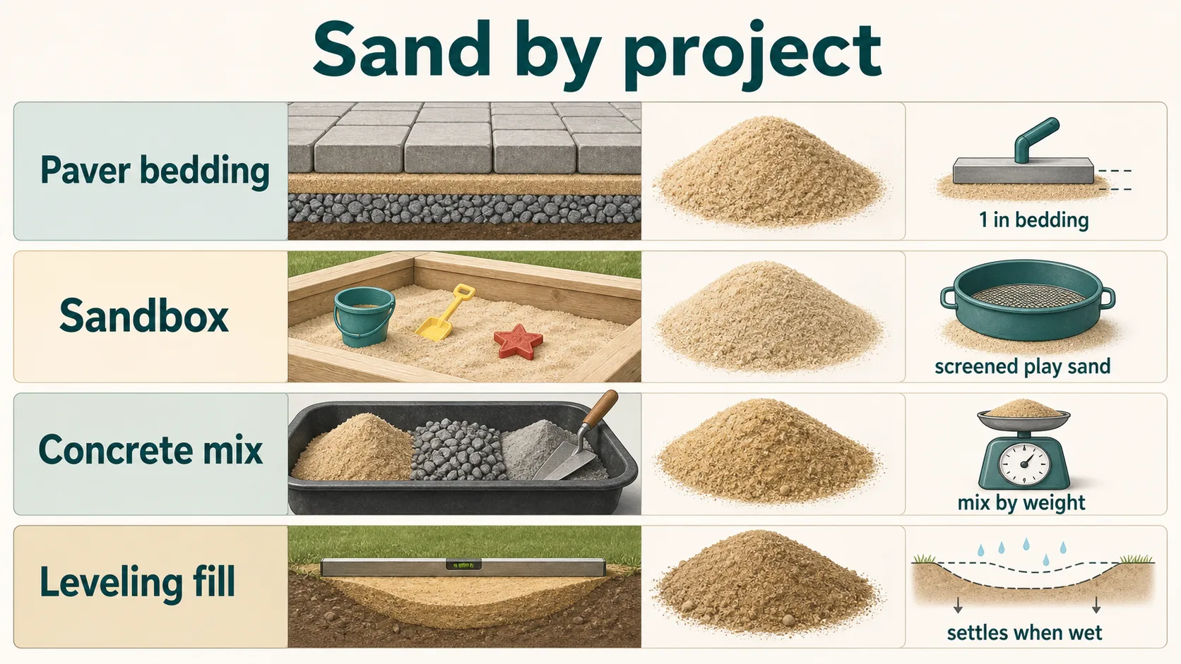 Sand by project guide comparing paver bedding, sandbox sand, concrete mix sand, and leveling fill sand.