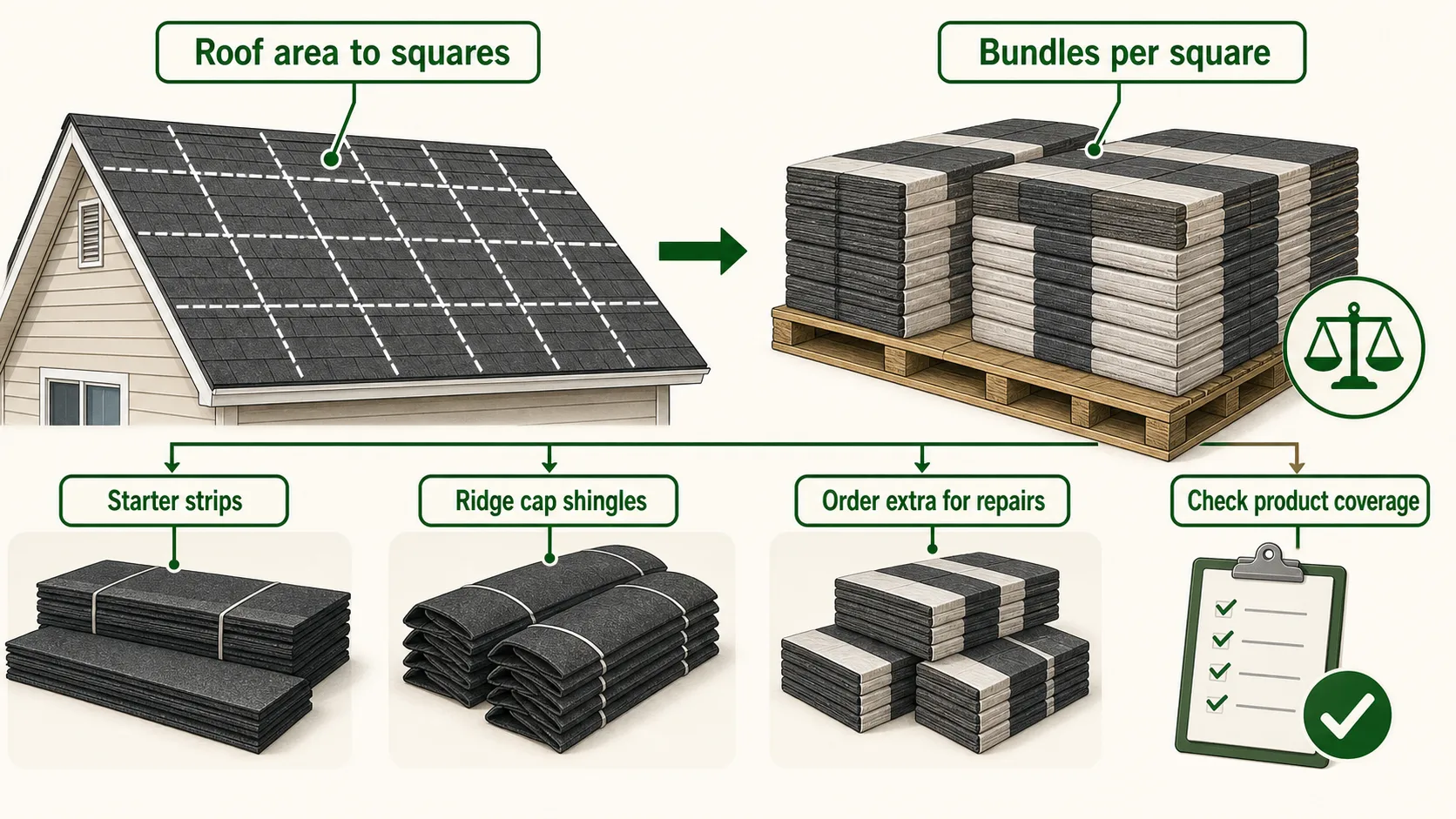 Shingle ordering guide showing roof area to squares, bundles per square, starter strips, ridge cap shingles, extra repair bundles, and product coverage checks.