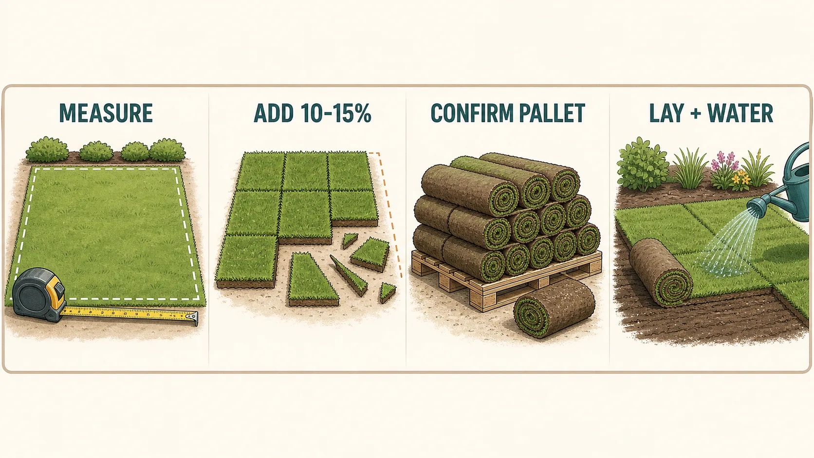 Sod order guide showing lawn area plus waste, pallet and roll counts, same-day install, and watering after placement.