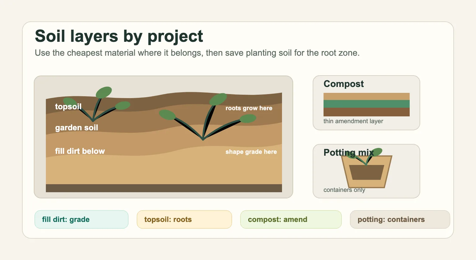 Soil layer guide showing fill dirt below, topsoil as the planting layer, compost as a thin amendment, and potting mix only for containers.