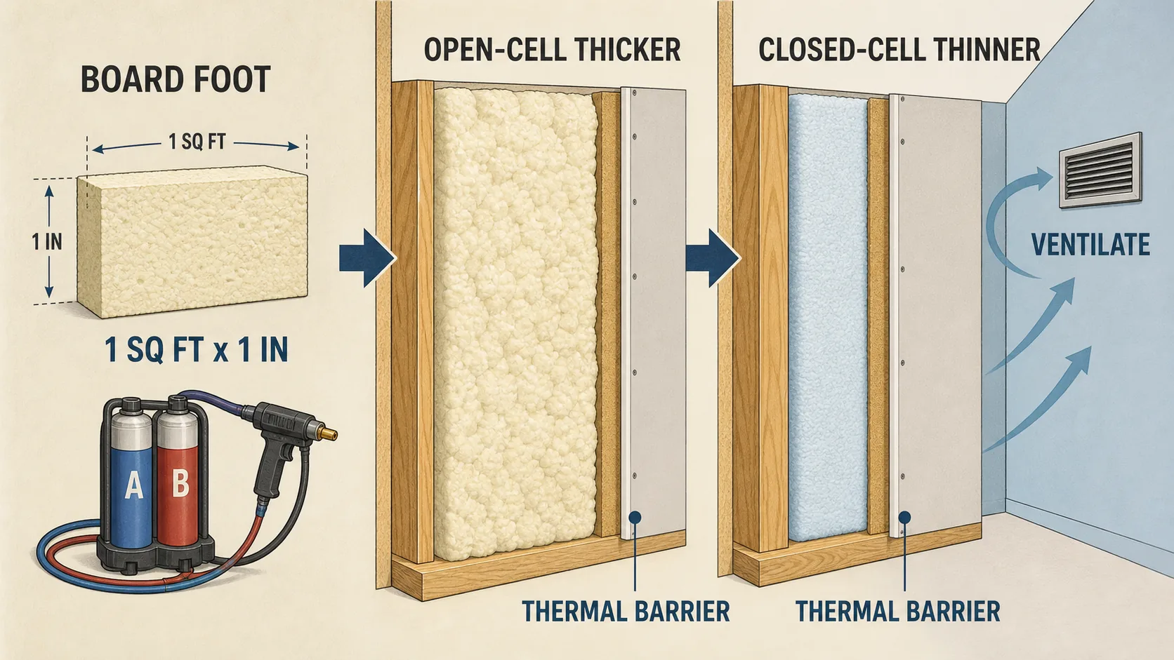Spray foam estimating diagram showing a board foot block, open-cell foam as a thicker layer, closed-cell foam as a thinner layer, thermal barrier panels, and ventilation arrows.