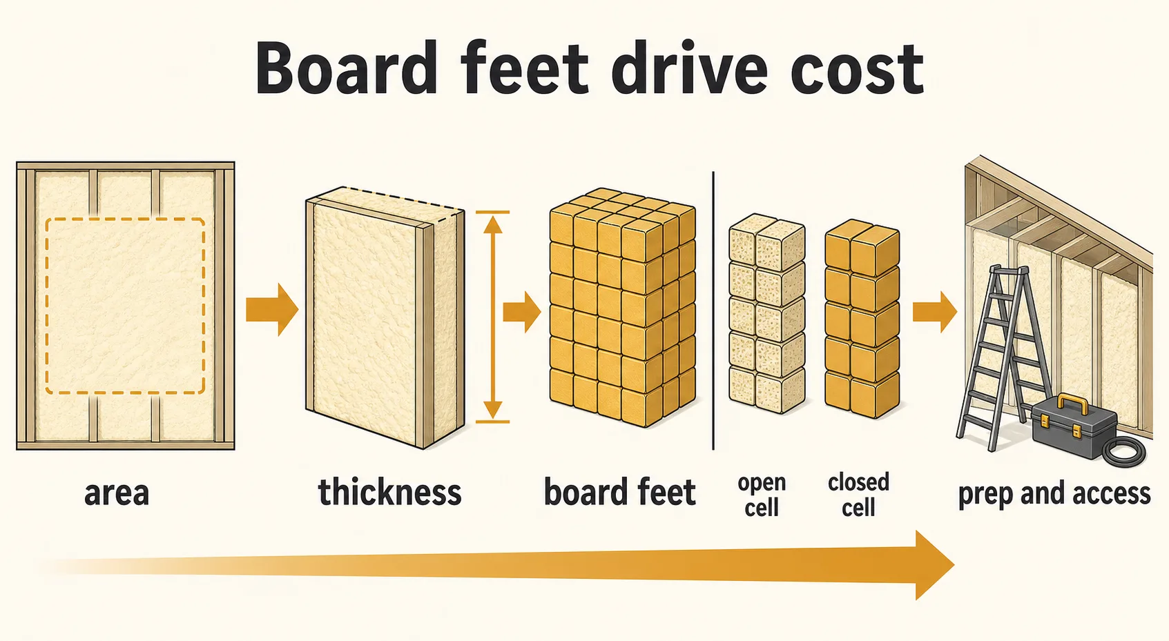 Diagram showing area and thickness becoming board feet, with open cell, closed cell, and prep and access cost cues.
