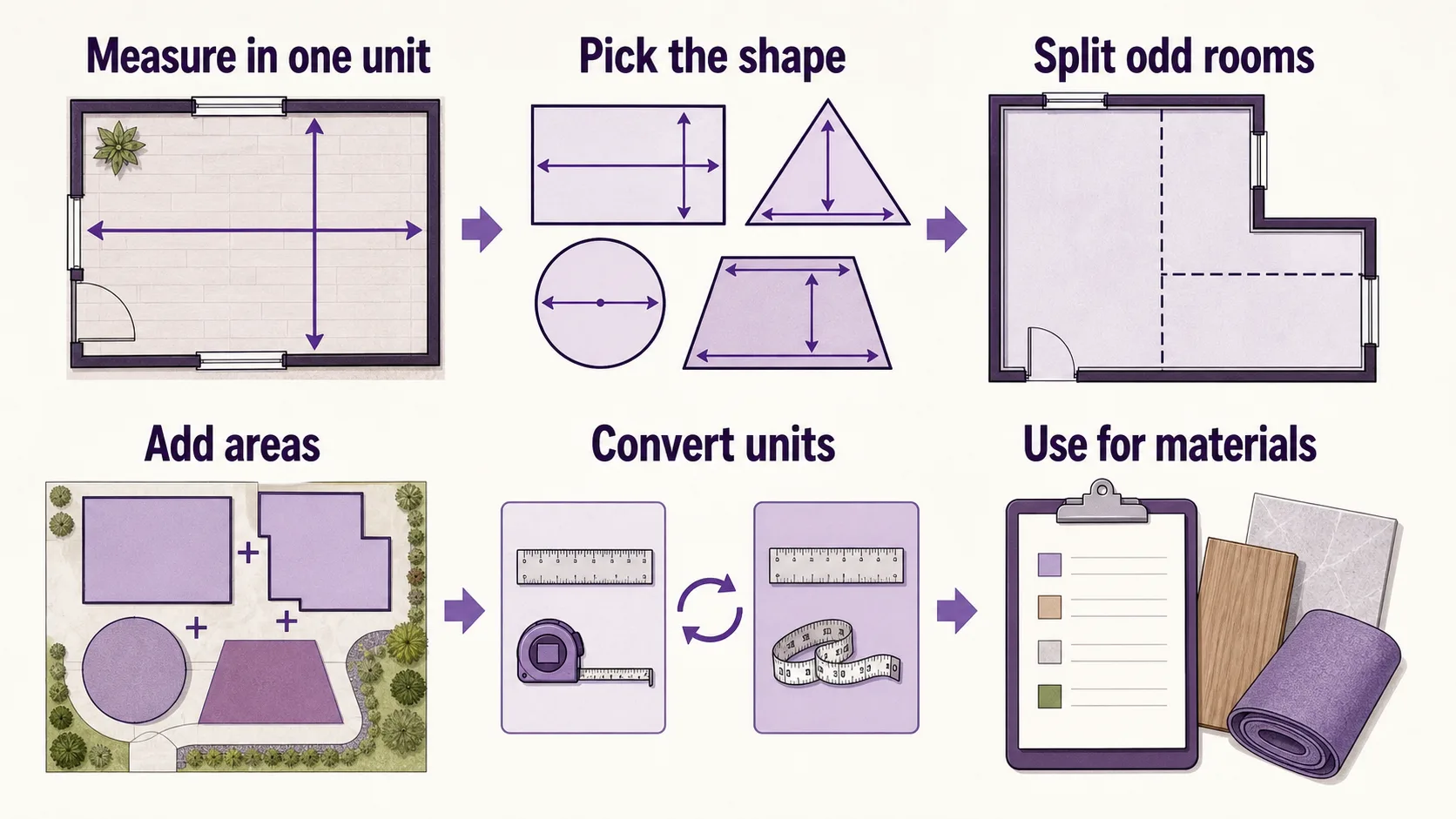 Square footage measurement guide showing one-unit measuring, shape selection, splitting odd rooms, adding areas, converting units, and using area for materials.
