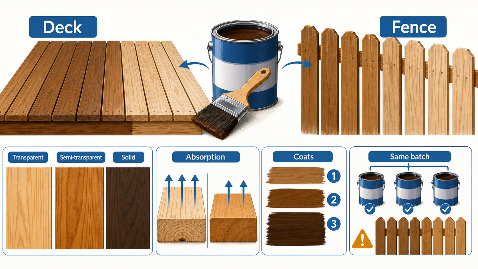 Wood stain planning guide showing deck and fence surfaces, transparent to solid stain opacity, absorption, coats, and same-batch planning.