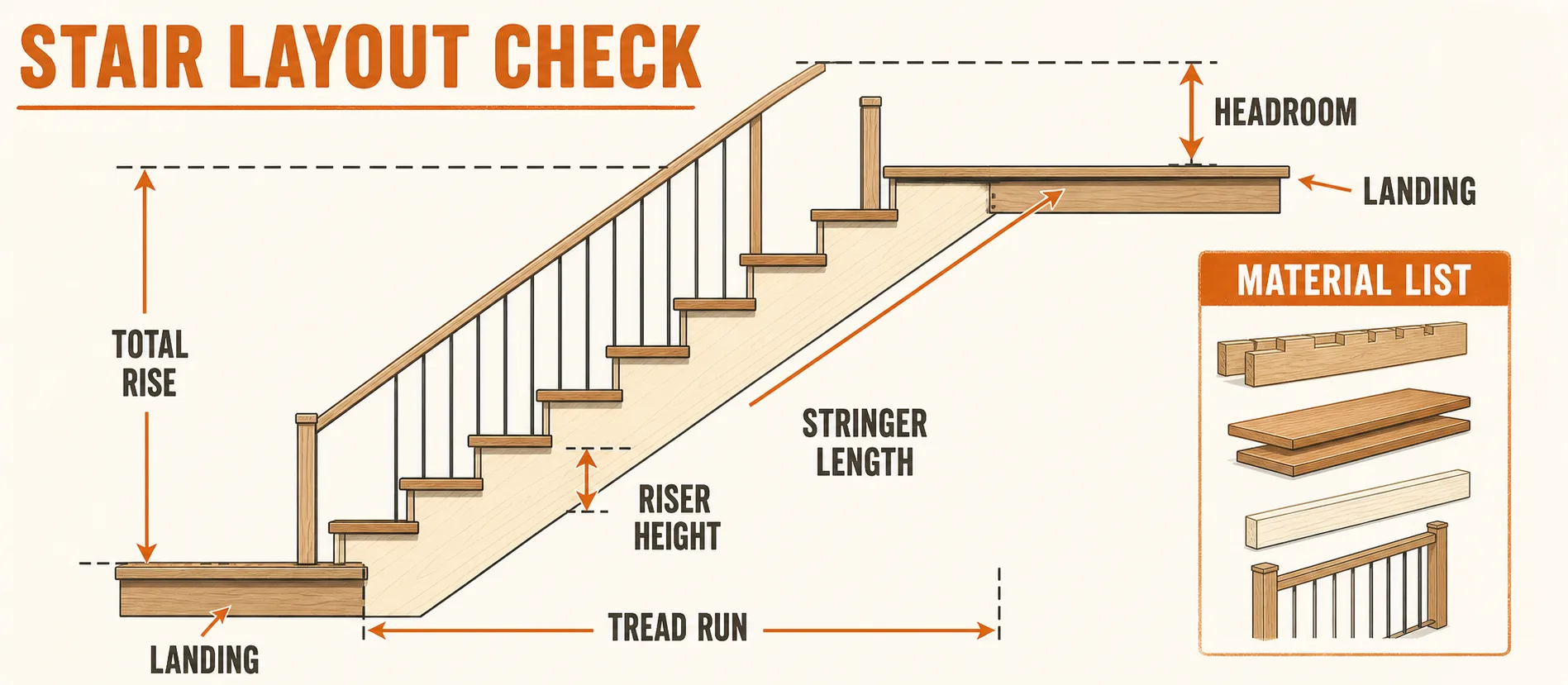 Stair layout guide showing total rise, tread run, riser height, stringer length, landing, headroom, and material list