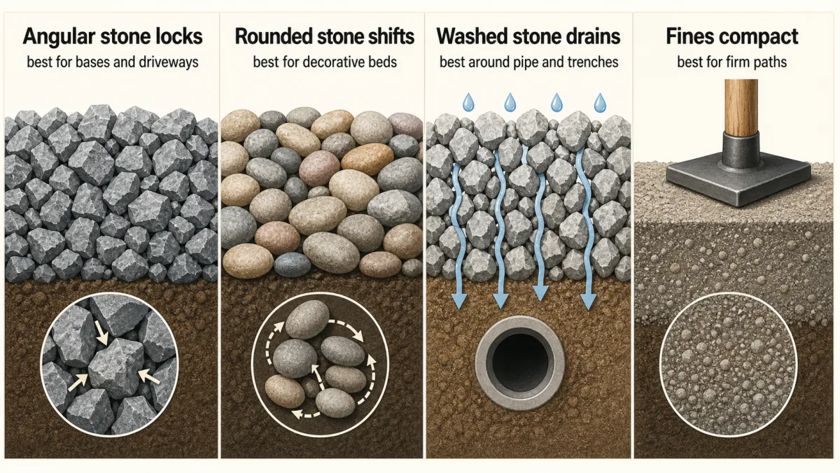 Diagram comparing angular stone, rounded stone, washed stone, and compactable fines for landscape projects.