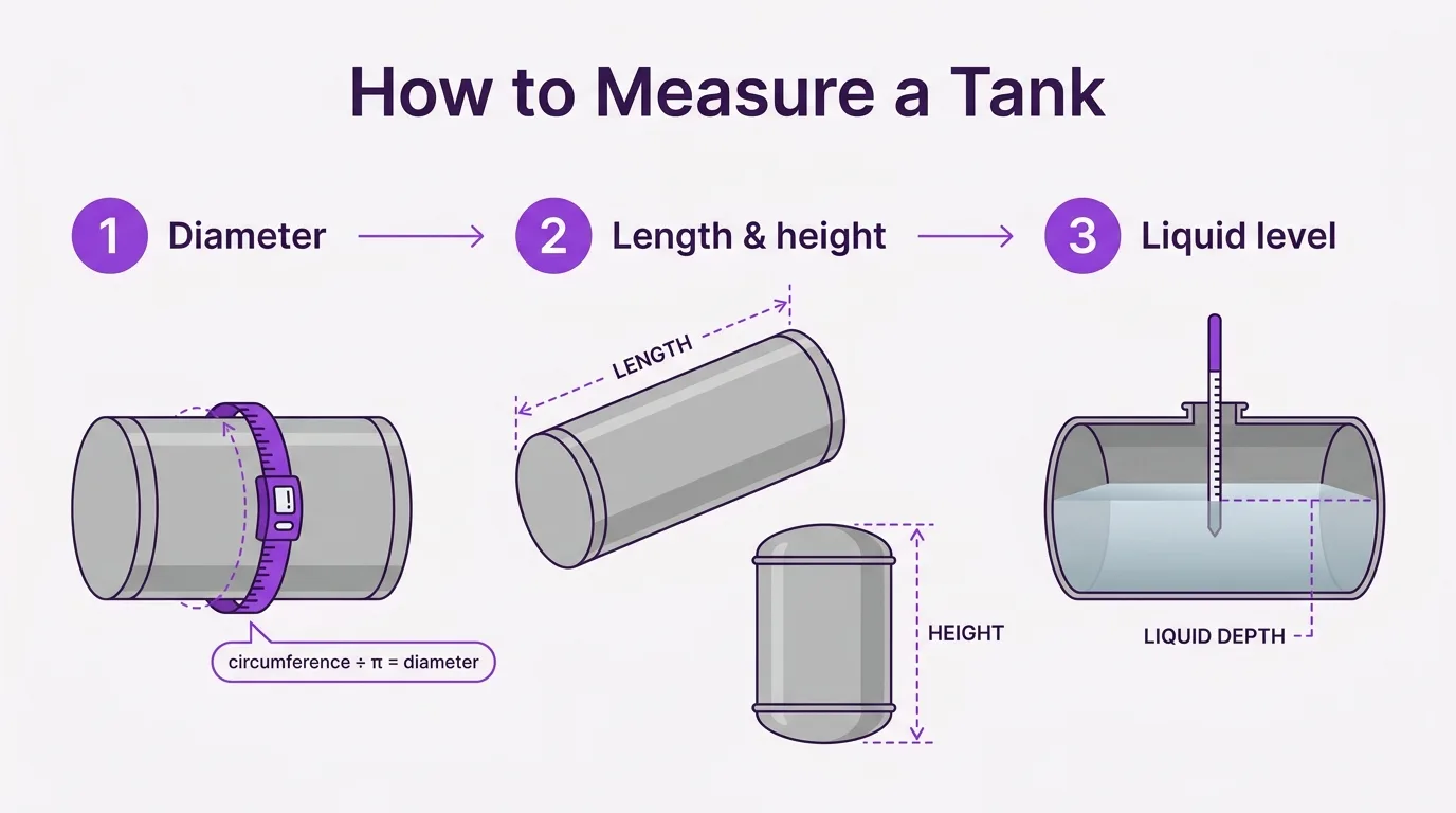 Diagram showing how to measure a tank: wrap a tape for circumference and divide by pi for diameter, measure length or height, and dip a stick for liquid depth.