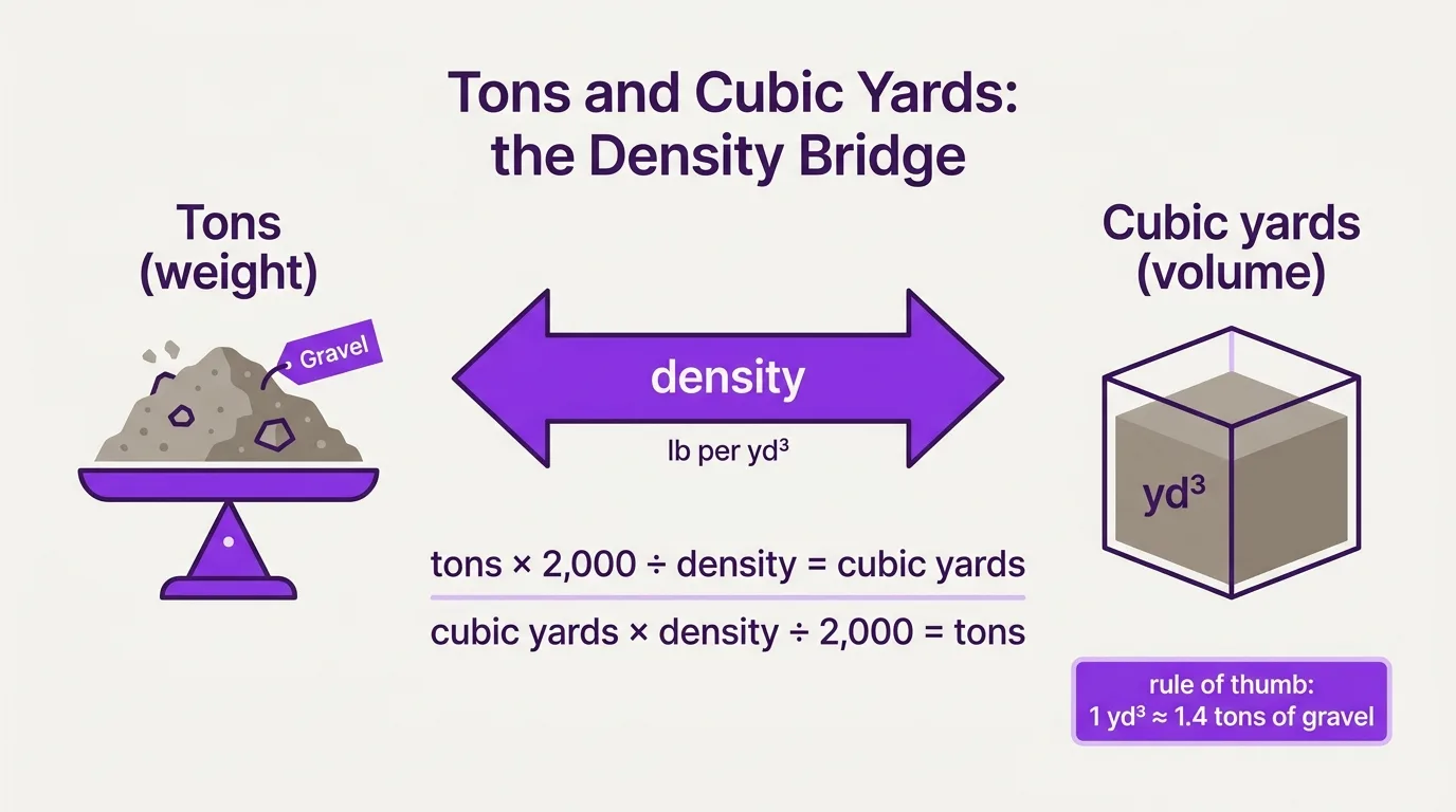 Density bridges tons and cubic yards: tons times 2,000 divided by density gives cubic yards, and cubic yards times density divided by 2,000 gives tons.