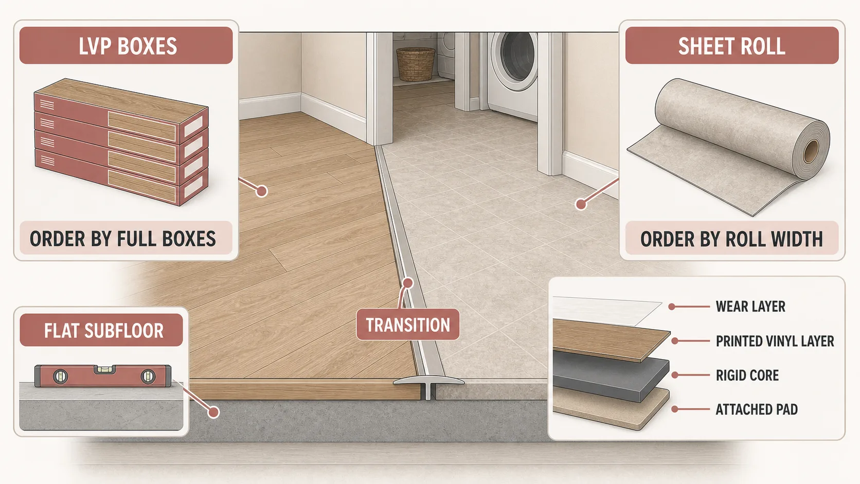 Vinyl flooring guide showing LVP boxes, sheet vinyl roll, flat subfloor, transition strip, and wear layer cutaway with rigid core and attached pad.