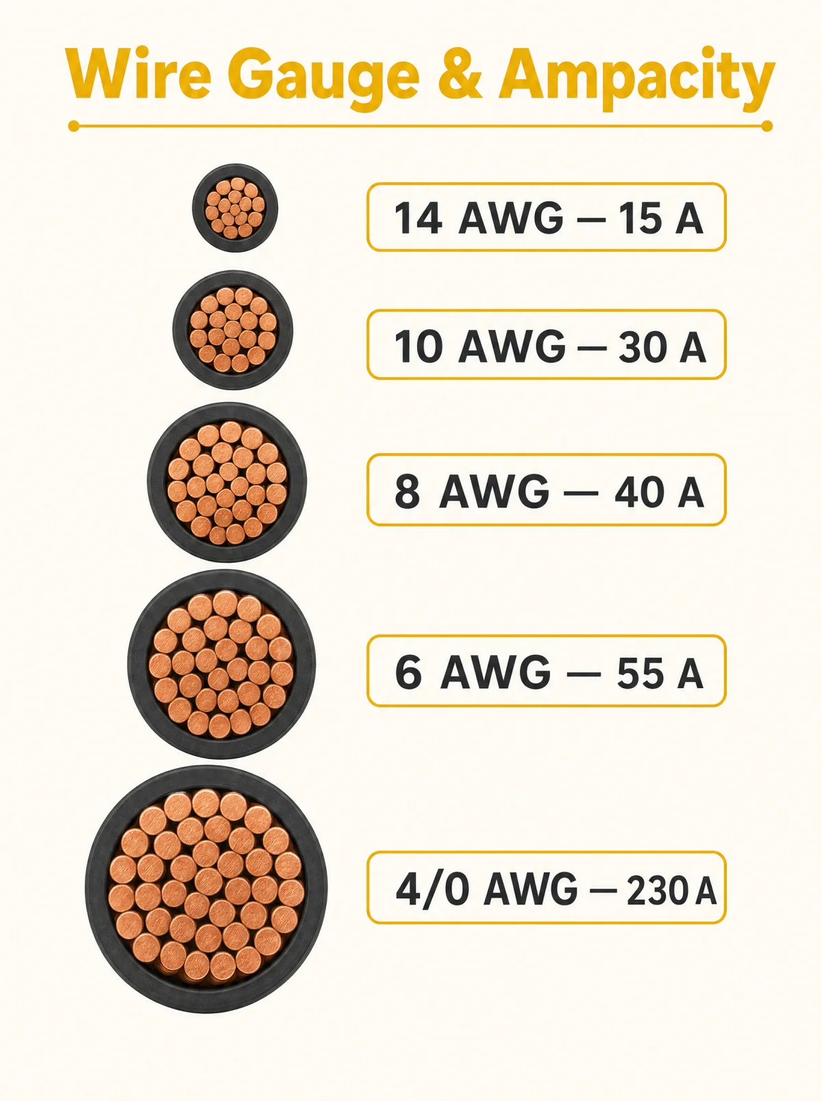 Wire gauge and ampacity: thicker copper conductors carry more current, from 14 AWG at 15 amps up to 4/0 AWG at 230 amps, shown as cross-sections growing with capacity.